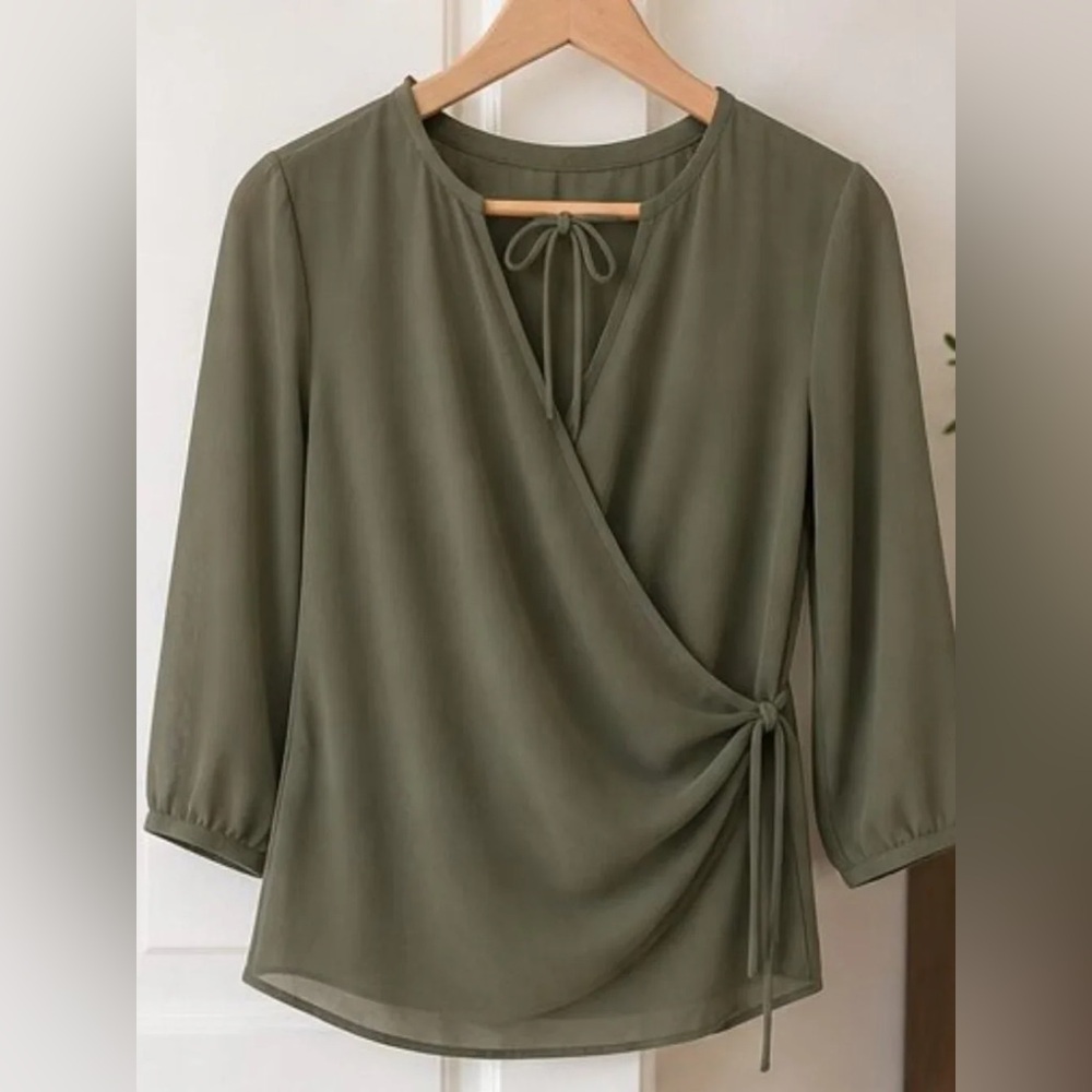 Olive Green Tie-Front Wrap Blouse